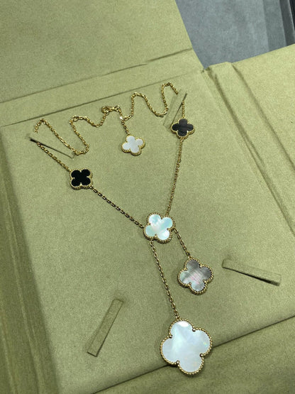 [Bling Jewelrys ]CLOVER 6 MOTIF MOP ONYX GOLD NECKLACE