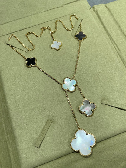 [Bling Jewelrys ]CLOVER 6 MOTIF MOP ONYX GOLD NECKLACE