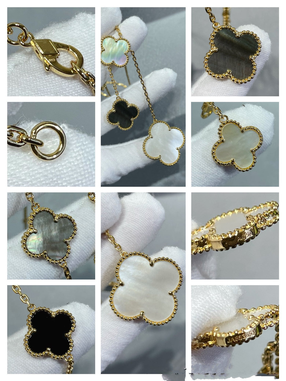 [Bling Jewelrys ]CLOVER 6 MOTIF MOP ONYX GOLD NECKLACE
