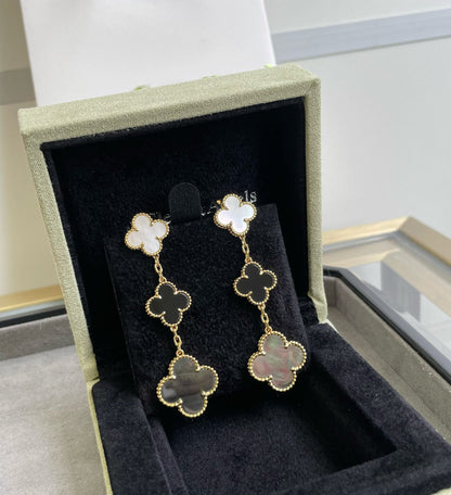 [Bling Jewelrys ]CLOVER 3 MOTIF MOP ONYX DARK MOP PINK GOLD EARRINGS