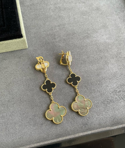 [Bling Jewelrys ]CLOVER 3 MOTIF MOP ONYX DARK MOP PINK GOLD EARRINGS