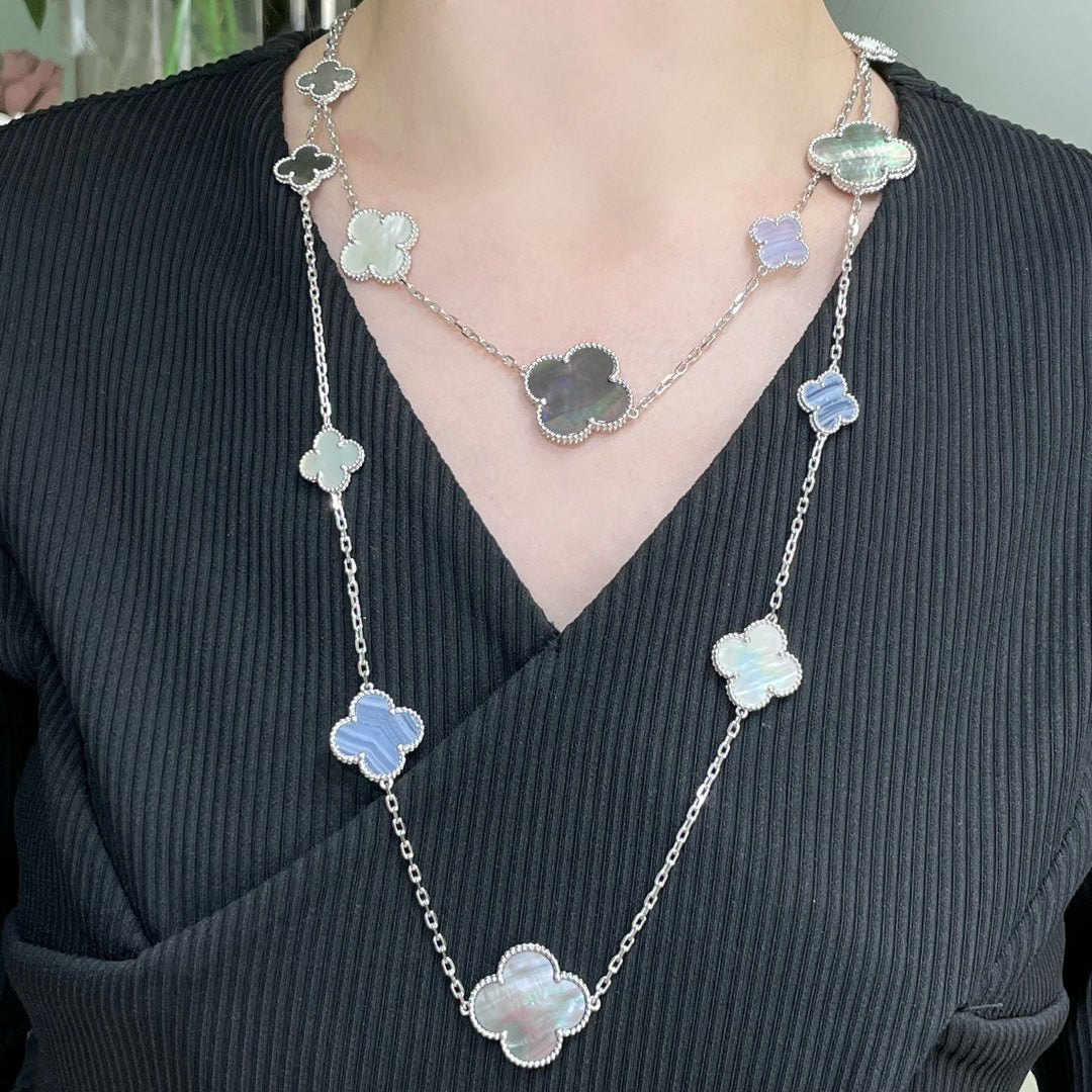 [Bling Jewelrys] KLEEBLATT 16 MOTIV CHALCEDON PERLMUTT SILBERHALSKETTE