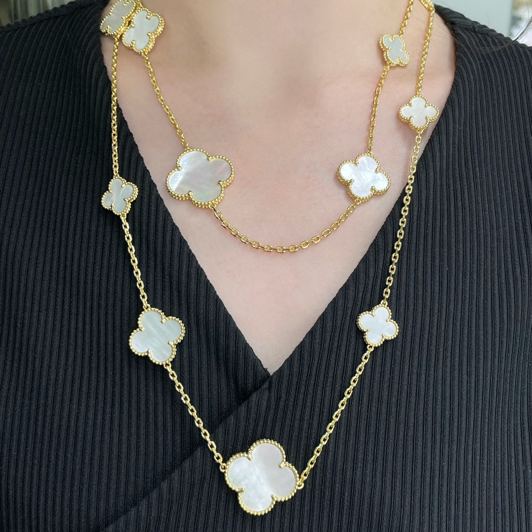 [Bling Jewelrys ]CLOVER 16 MOTIF WHITE MOP GOLD NECKLACE