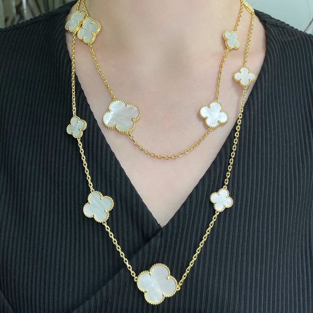 [Bling Jewelrys ]CLOVER 16 MOTIF WHITE MOP GOLD NECKLACE