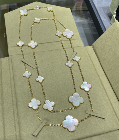 [Bling Jewelrys ]CLOVER 16 MOTIF WHITE MOP GOLD NECKLACE