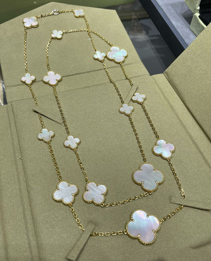 [Bling Jewelrys ]CLOVER 16 MOTIF WHITE MOP GOLD NECKLACE