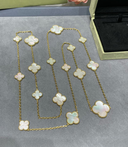 [Bling Jewelrys ]CLOVER 16 MOTIF WHITE MOP GOLD NECKLACE