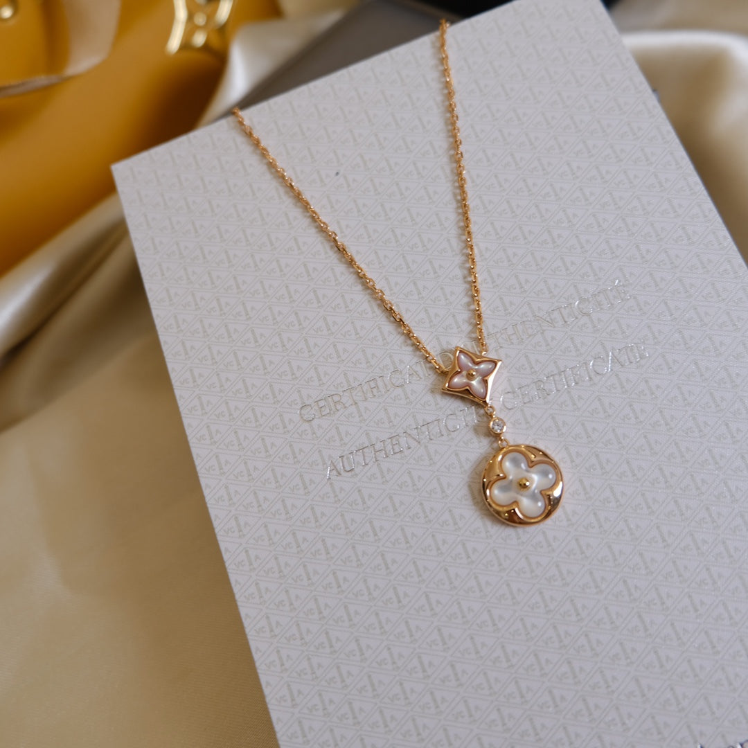 [Bling Jewelrys ]STAR AND SUN WHITE MOP 2 MOTIF PINK GOLD NECKLACE
