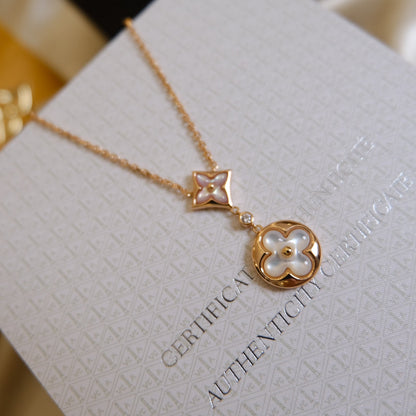 [Bling Jewelrys ]STAR AND SUN WHITE MOP 2 MOTIF PINK GOLD NECKLACE
