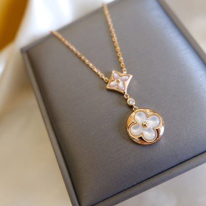 [Bling Jewelrys ]STAR AND SUN WHITE MOP 2 MOTIF PINK GOLD NECKLACE