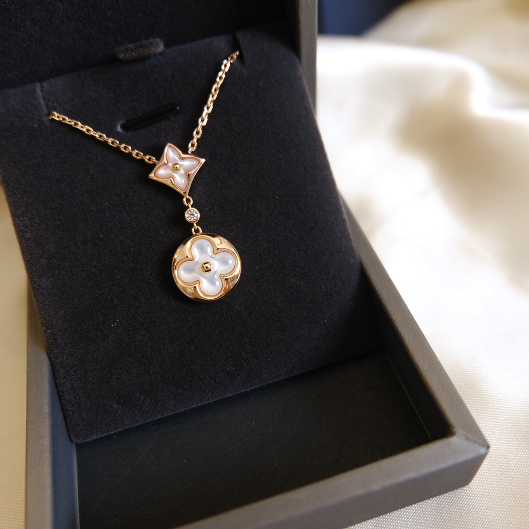 [Bling Jewelrys ]STAR AND SUN WHITE MOP 2 MOTIF PINK GOLD NECKLACE