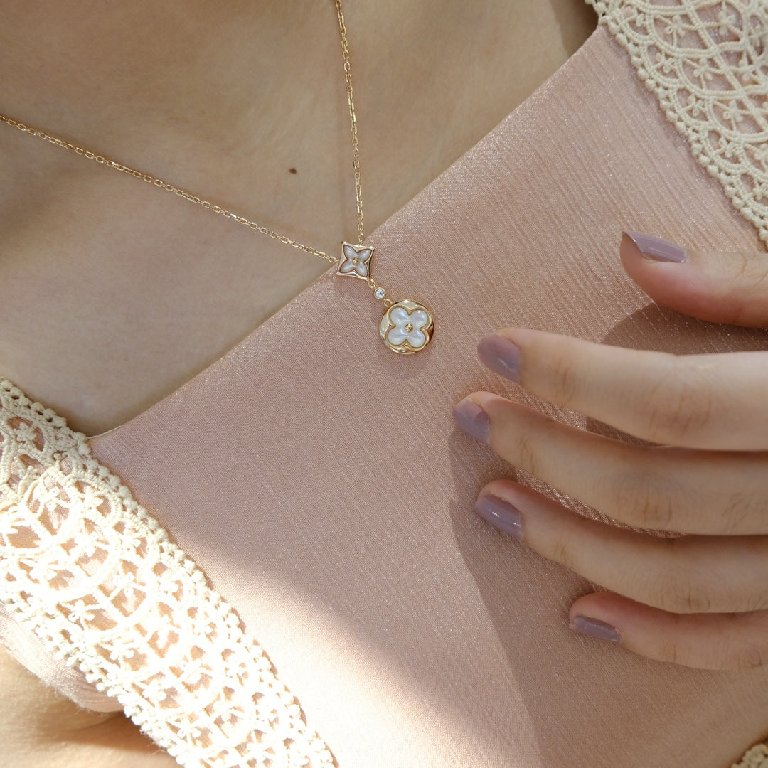 [Bling Jewelrys ]STAR AND SUN WHITE MOP 2 MOTIF PINK GOLD NECKLACE