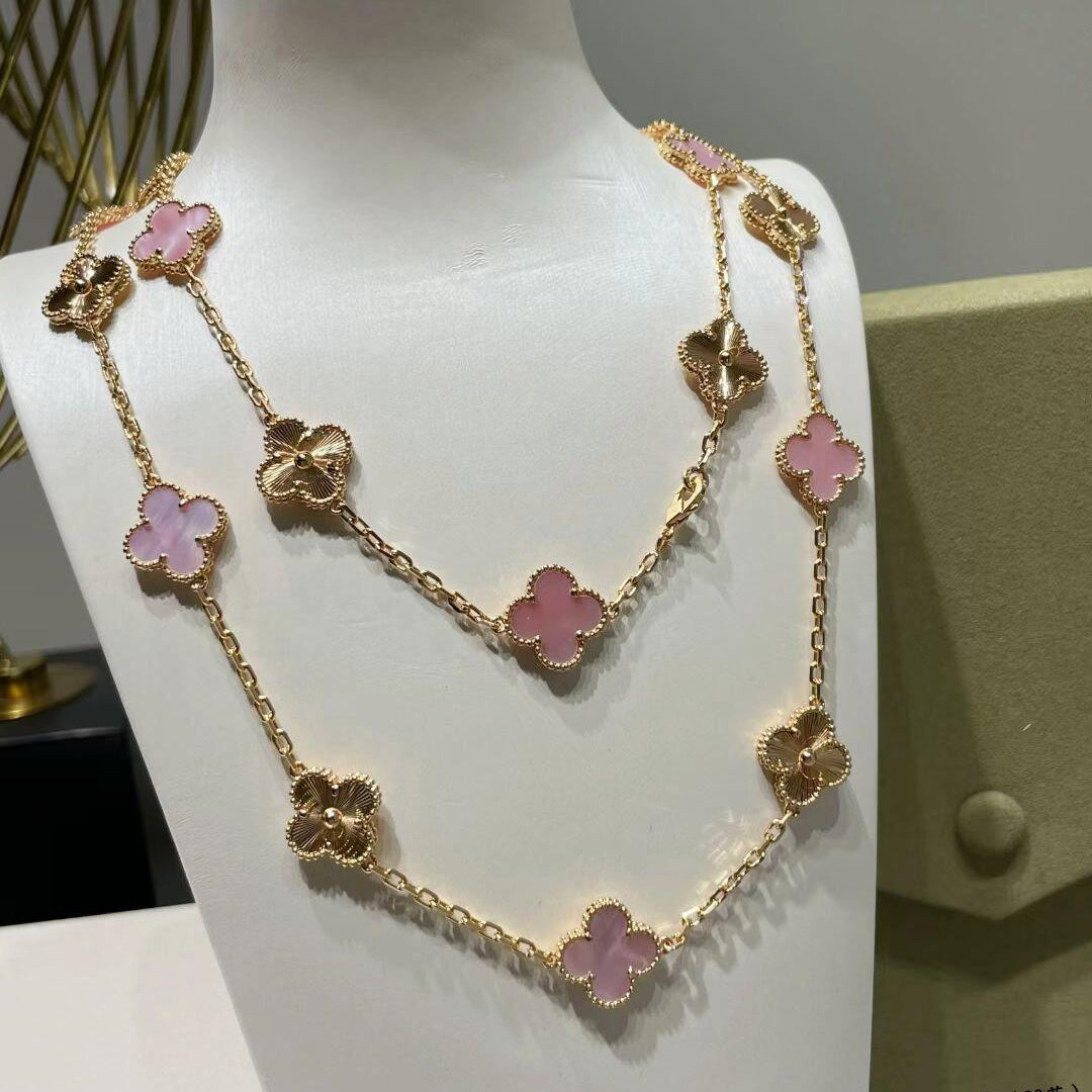 [Bling Jewelrys ]CLOVER 20 MOTIFS LASER PINK MOP NECKLACE