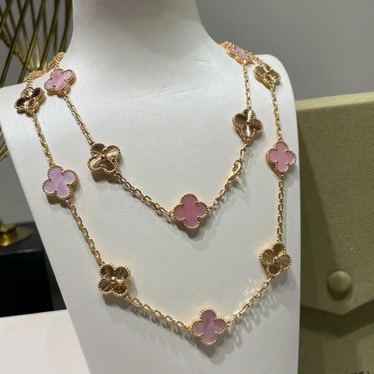 [Bling Jewelrys ]CLOVER 20 MOTIFS LASER PINK MOP NECKLACE