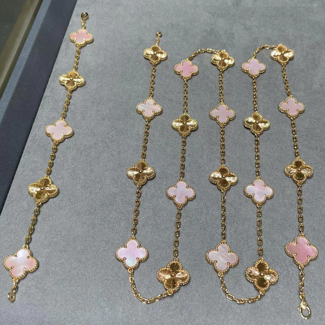 [Bling Jewelrys ]CLOVER 20 MOTIFS LASER PINK MOP NECKLACE