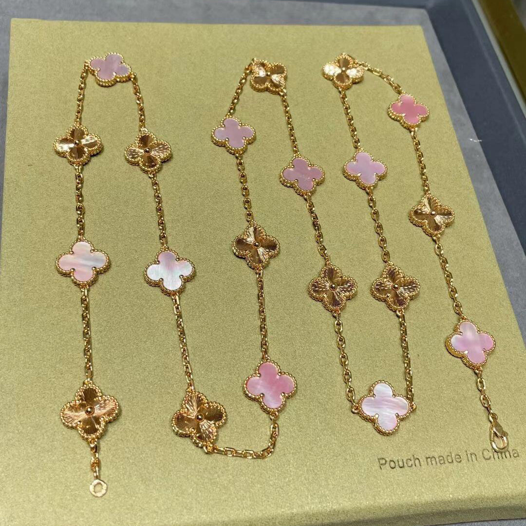 [Bling Jewelrys ]CLOVER 20 MOTIFS LASER PINK MOP NECKLACE