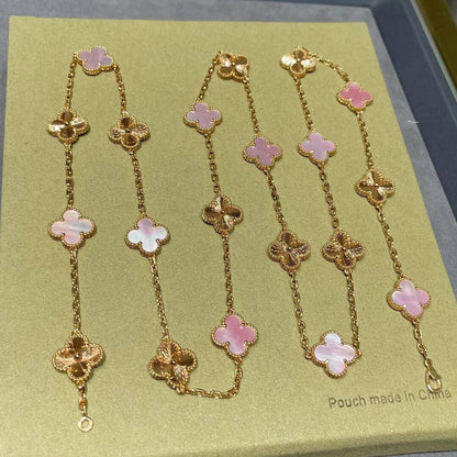 [Bling Jewelrys ]CLOVER 20 MOTIFS LASER PINK MOP NECKLACE