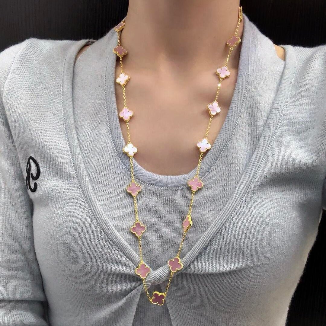 [Bling Jewelrys ]CLOVER 20 MOTIFS PINK MOP NECKLACE
