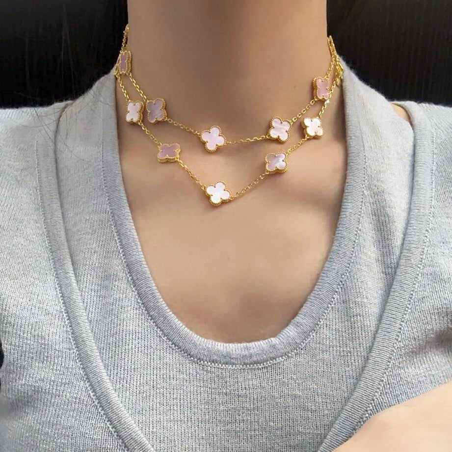 [Bling Jewelrys ]CLOVER 20 MOTIFS PINK MOP NECKLACE