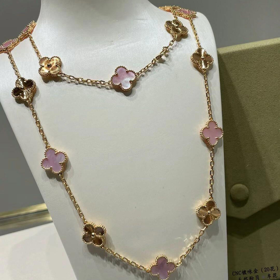 [Bling Jewelrys ]CLOVER 20 MOTIFS LASER PINK MOP NECKLACE
