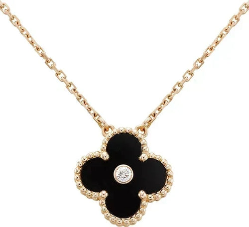[Bling Jewelrys ]CLOVER 15MM DIAMOND ONYX NECKLACE