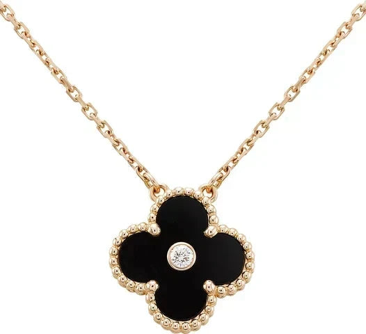 [Bling Jewelrys ]CLOVER 15MM DIAMOND ONYX NECKLACE
