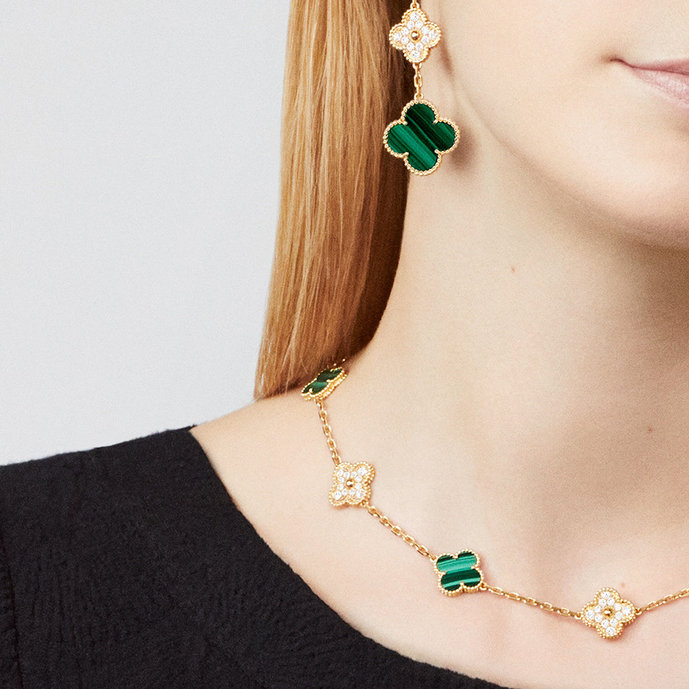 [Bling Jewelrys ]CLOVER 10 MOTIFS MALACHITE DIAMOND NECKLACE