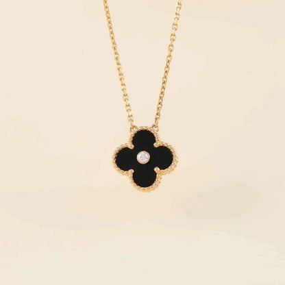 [Bling Jewelrys ]CLOVER 15MM DIAMOND ONYX NECKLACE