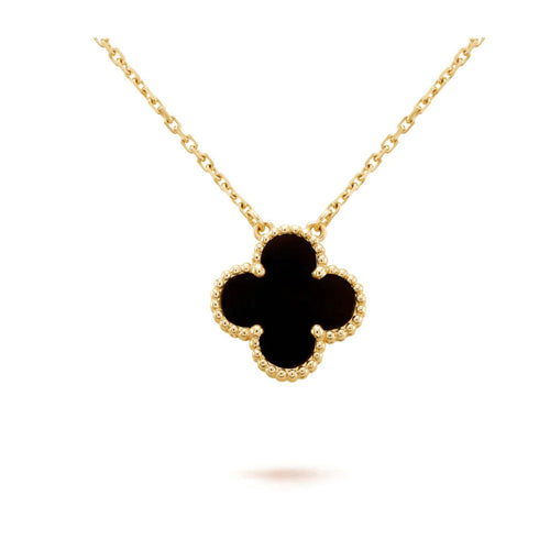 [Bling Jewelrys ]CLOVER 15MM BLACK ONYX SINGLE FLOWER NECKLACE