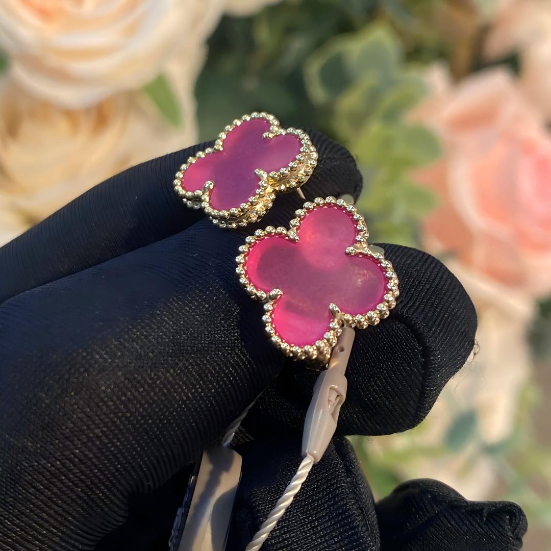 [Bling Jewelrys]NEW CLOVER 15MM PINK ENAMEL STUD EARRINGS