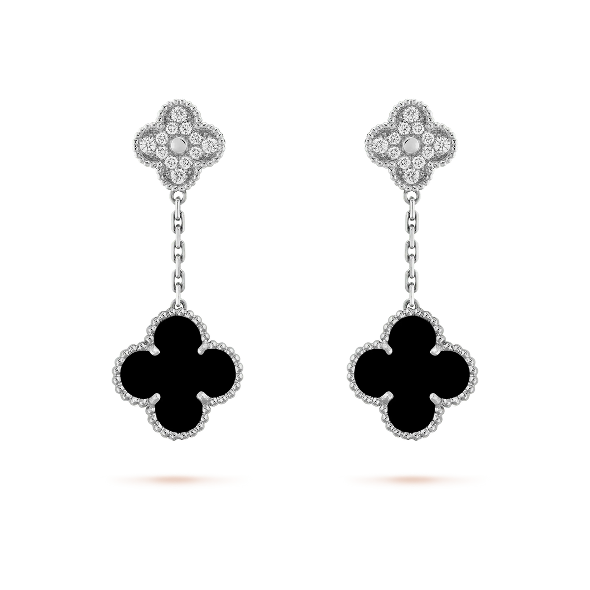 [Bling Jewelrys ]CLOVER 2 MOTIFS  DIAMOND ONYX EARRINGS SILVER
