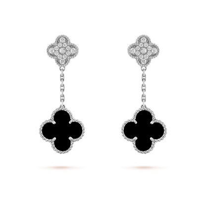 [Bling Jewelrys ]CLOVER 2 MOTIFS  DIAMOND ONYX EARRINGS SILVER