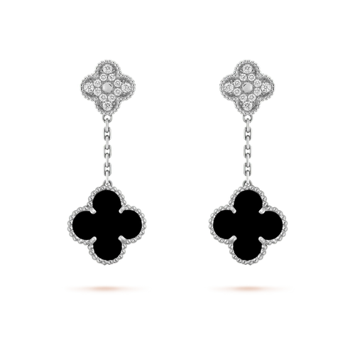[Bling Jewelrys ]CLOVER 2 MOTIFS  DIAMOND ONYX EARRINGS SILVER