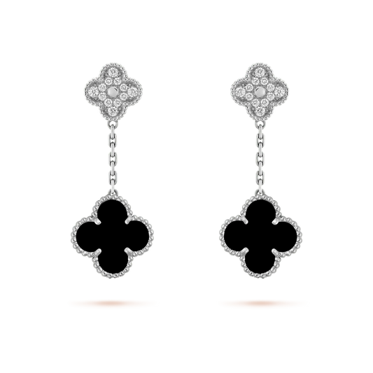 [Bling Jewelrys ]CLOVER 2 MOTIFS  DIAMOND ONYX EARRINGS SILVER