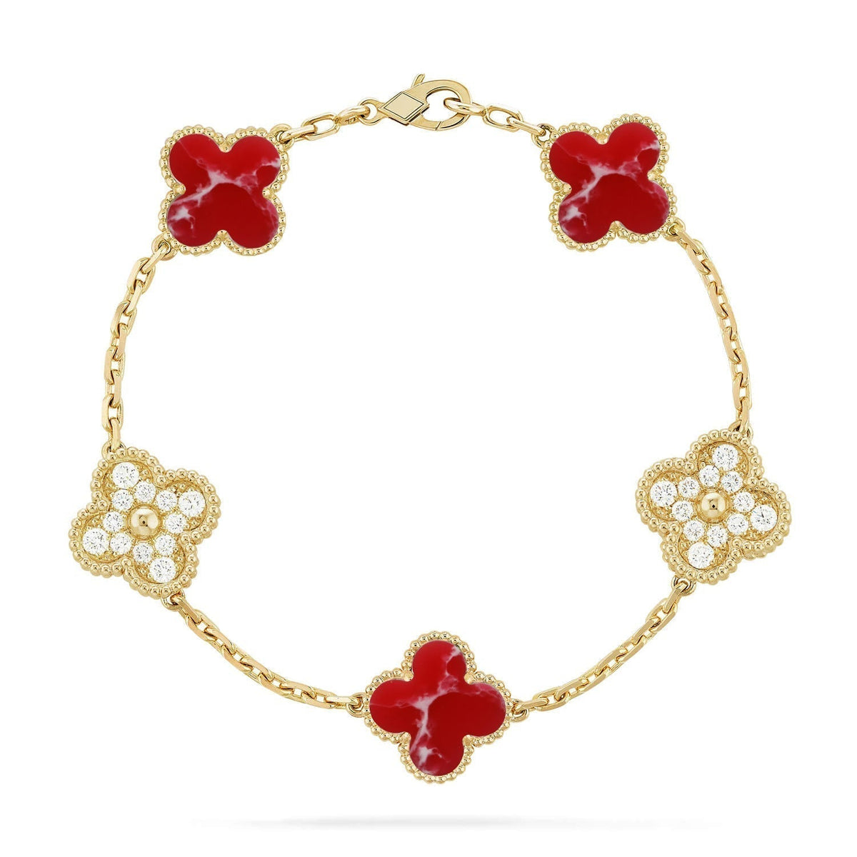 {
  "Bling Jewelrys": "Bling Jewelrys",
  "CLOVER 5 MOTIF RED PATTERN BRACELET COLLECTION": "KLEEBLATT 5-MOTIV ARMBAND-KOLLEKTION MIT ROTEM MUSTER"
}
