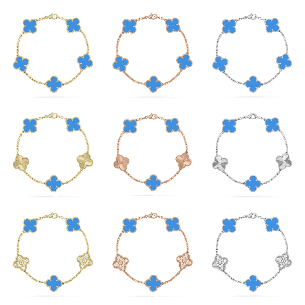 {
  "Bling Jewelrys": "ブリング・ジュエリー",
  "CLOVER 5 MOTIF BLUE AGATE BRACELET COLLECTION": "クローバー 5モチーフ ブルーアゲート ブレスレット コレクション"
}