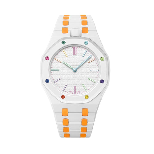 [Bling Jewelrys]OAK POP EXCLUSIVE WHITE AND ORANGE BIOCERAMIC STRAP