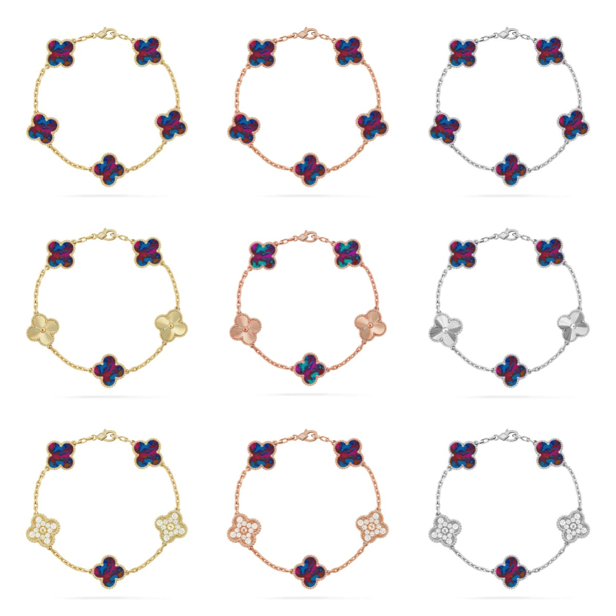 {
  "Bling Jewelrys ": "Bling Jewelrys ",
  "CLOVER 5 MOTIF COLOR GEMSTONES BRACELET COLLECTION": "KLEEBLATT 5-MOTIV FARBEDELSTEIN-ARMBAND KOLLEKTION"
}