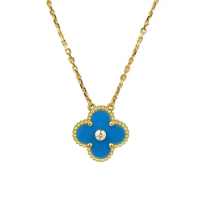 [Bling Jewelrys] KLEEBLATT 15MM DIAMANT- UND BLAUACHAT-HALSKETTE