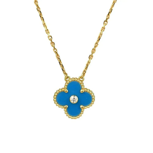 [Bling Jewelrys ]CLOVER 15MM DIAMOND AND BLUE AGATE NECKLACE