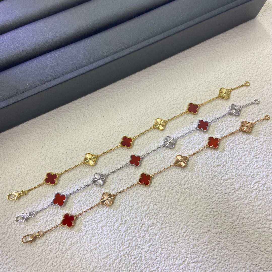 [Bling Jewelrys ]CLOVER 6 MOTIF RED AGATE LASER BRACELET