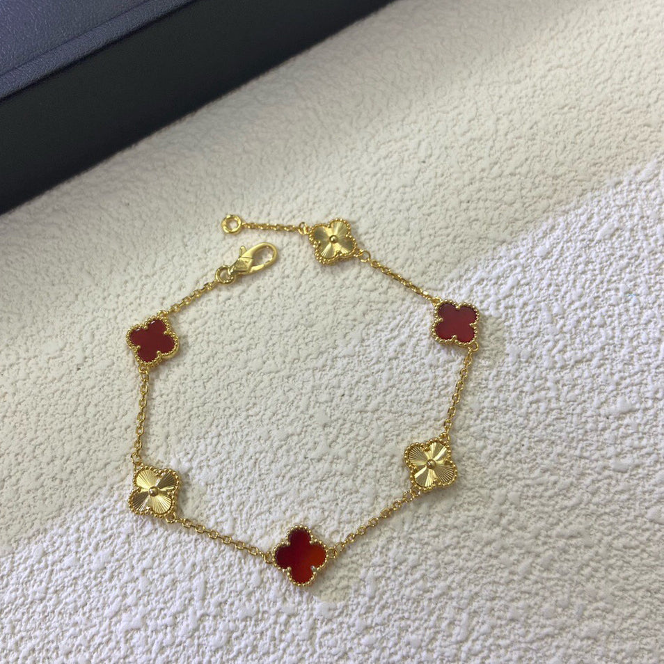 [Bling Jewelrys ]CLOVER 6 MOTIF RED AGATE LASER BRACELET