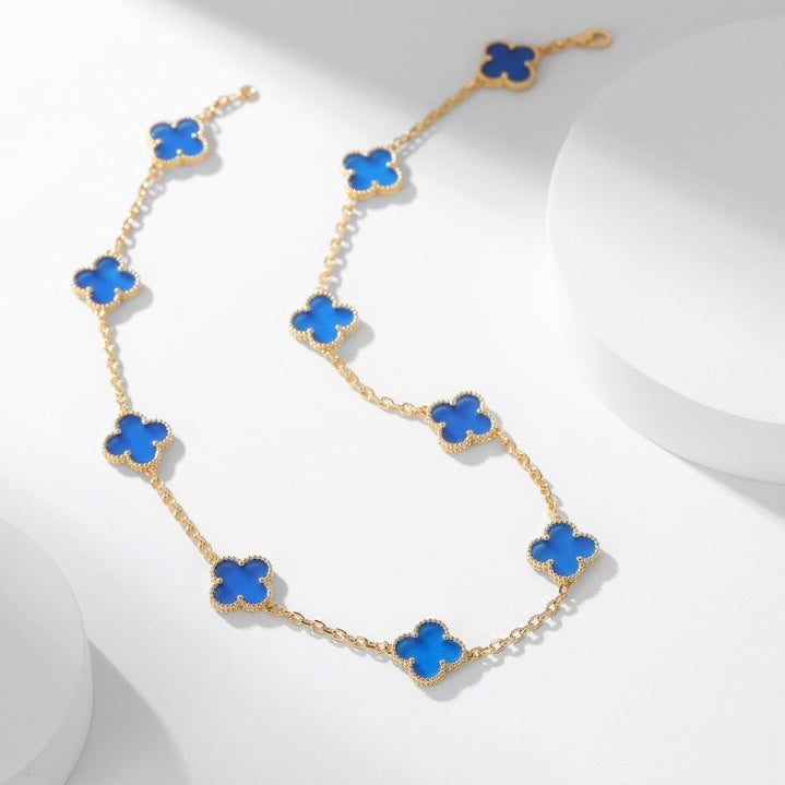[Bling Jewelrys ]CLOVER 10 MOTIFS BLUE AGATE NECKLACE