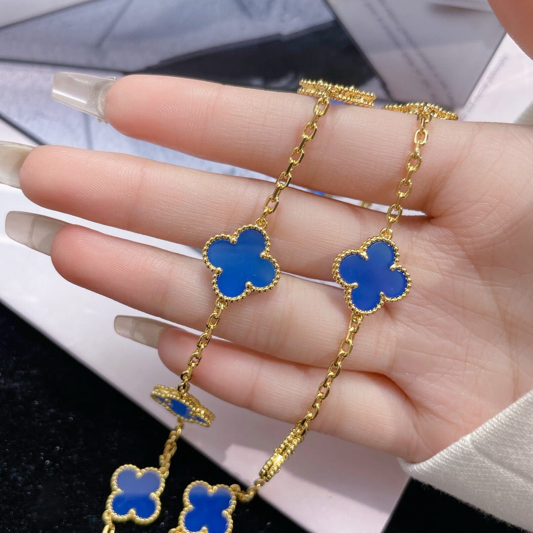 [Bling Jewelrys ]CLOVER 10 MOTIFS BLUE AGATE NECKLACE