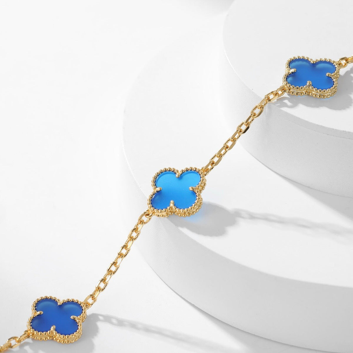 [Bling Jewelrys ]CLOVER 10 MOTIFS BLUE AGATE NECKLACE
