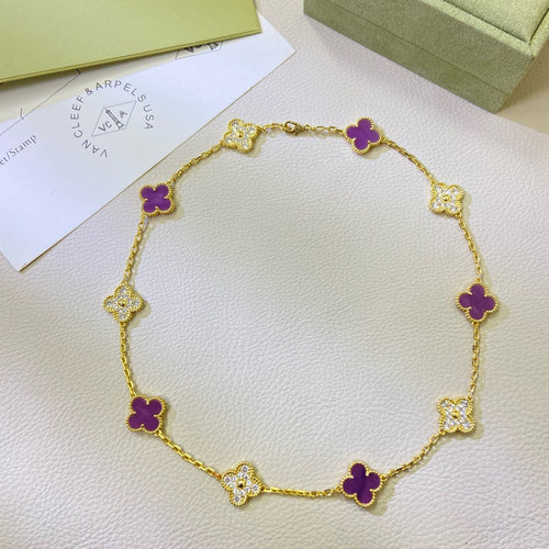 [Bling Jewelrys ]CLOVER 10 MOTIFS  PURPLE VIOLET DIAMOND NECKLACE