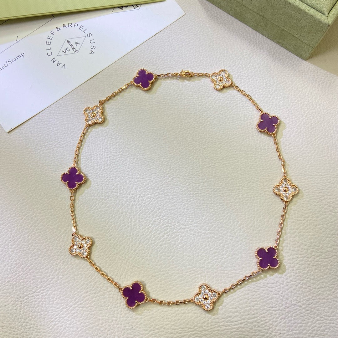 [Bling Jewelrys ]CLOVER 10 MOTIFS  PURPLE VIOLET DIAMOND NECKLACE