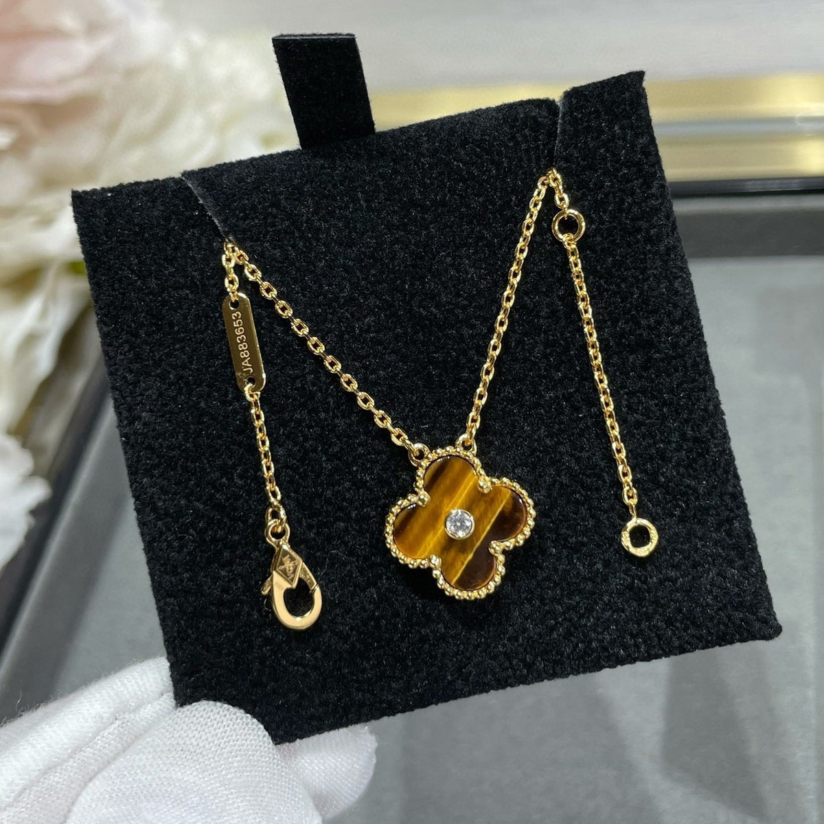 [Bling Jewelrys] KLEEBLATT 15MM DIAMANT UND GELBES TIGERAUGE ACHAT Halskette