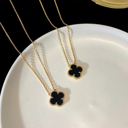 [Bling Jewelrys ]CLOVER 15MM BLACK ONYX SINGLE FLOWER NECKLACE