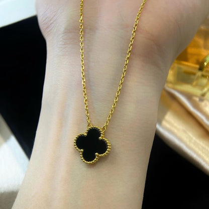 [Bling Jewelrys ]CLOVER 15MM BLACK ONYX SINGLE FLOWER NECKLACE